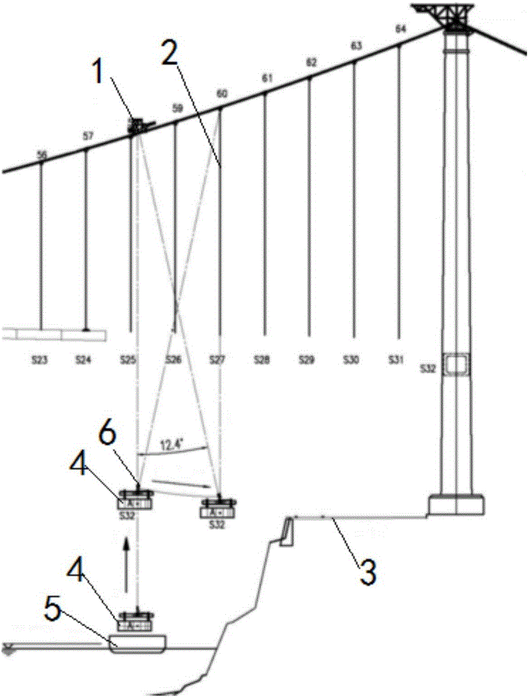 Suspension bridge bank slope beam section long sling swing-shifting mounting device and method