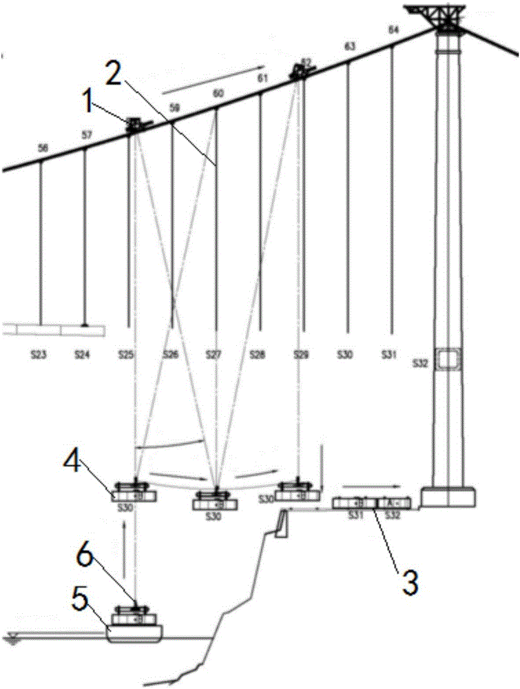 Suspension bridge bank slope beam section long sling swing-shifting mounting device and method