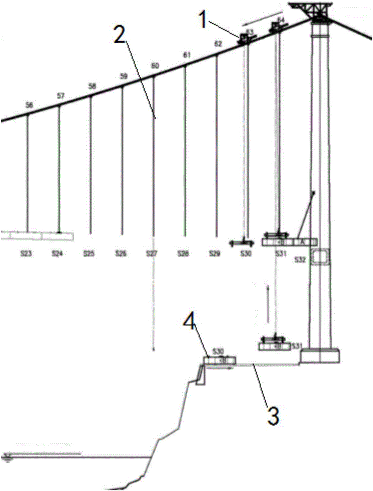 Suspension bridge bank slope beam section long sling swing-shifting mounting device and method