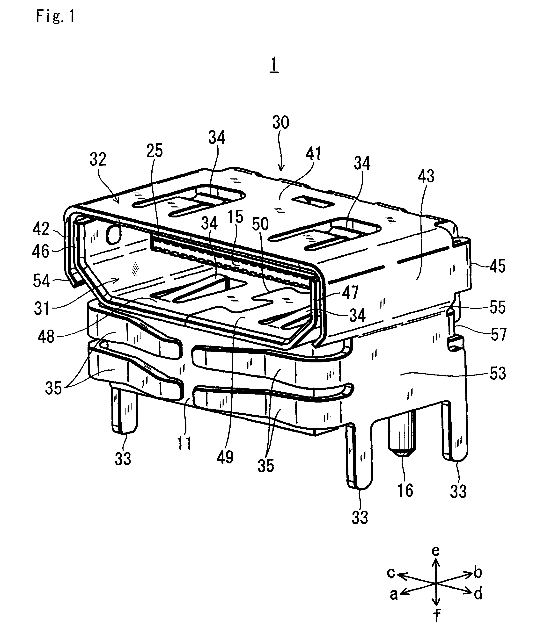 Connector with a tubular shield with double left and right sides formed from a single metal plate