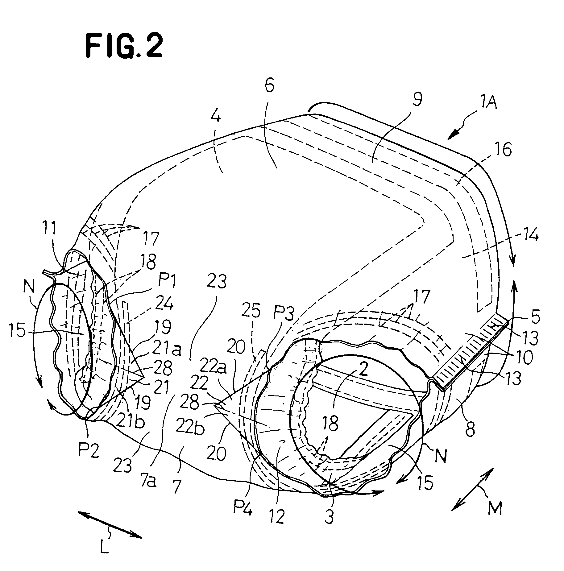 Pull-on disposable wearing article with tapered folding guide lines and tucking zones