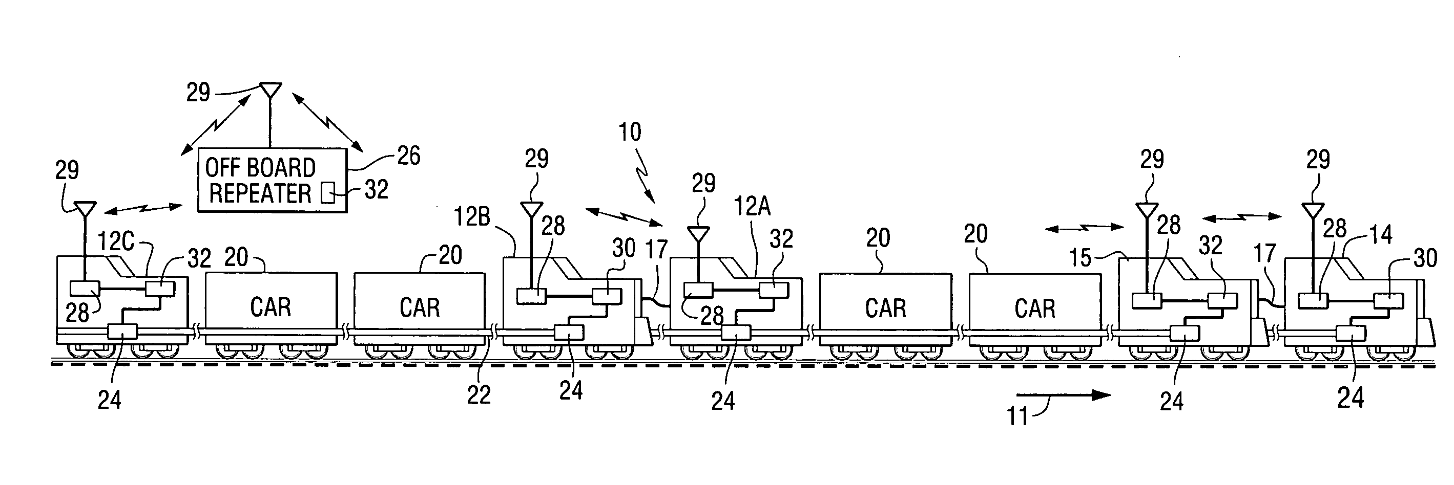 On-board message repeater for railroad train communications system