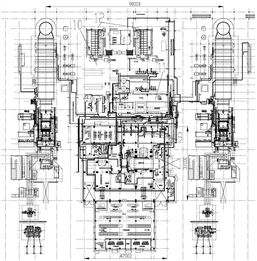 A power island layout structure of a combined cycle power plant with one dragging one multi-shaft gas turbine extraction condensing back pressure unit