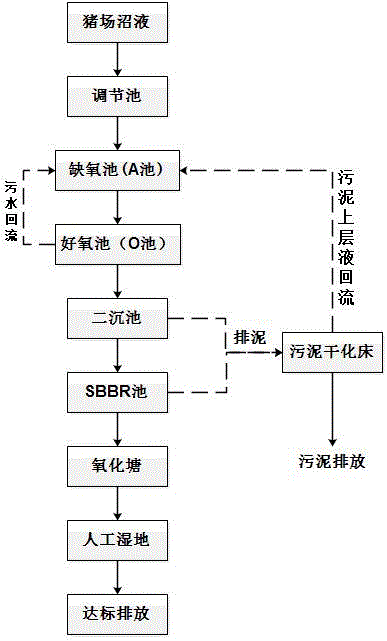 A/O-SBBR-oxidation pond-artificial wetland treatment pig farm biogas slurry technology