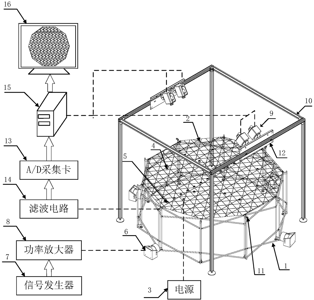 Astromesh deployable reflector vibration detection device and method