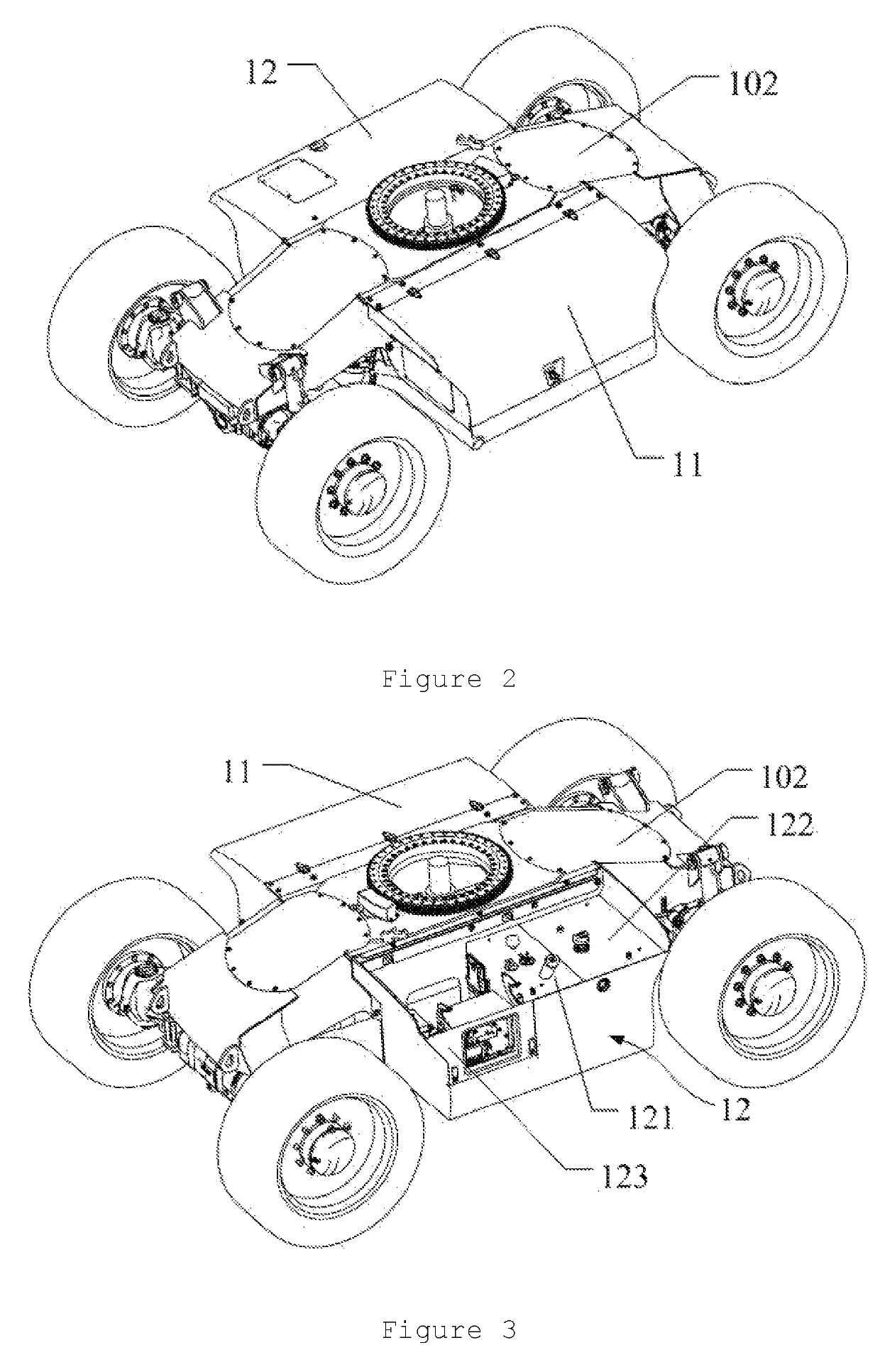 Vehicle with a low gravity center and aerial work platform