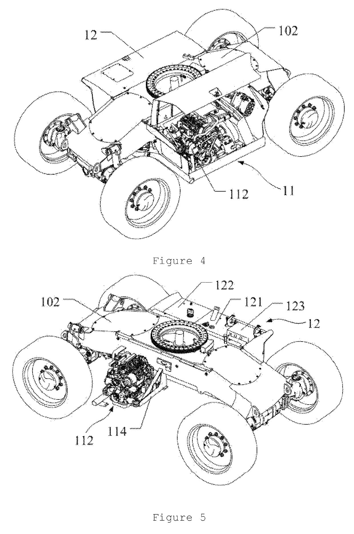 Vehicle with a low gravity center and aerial work platform