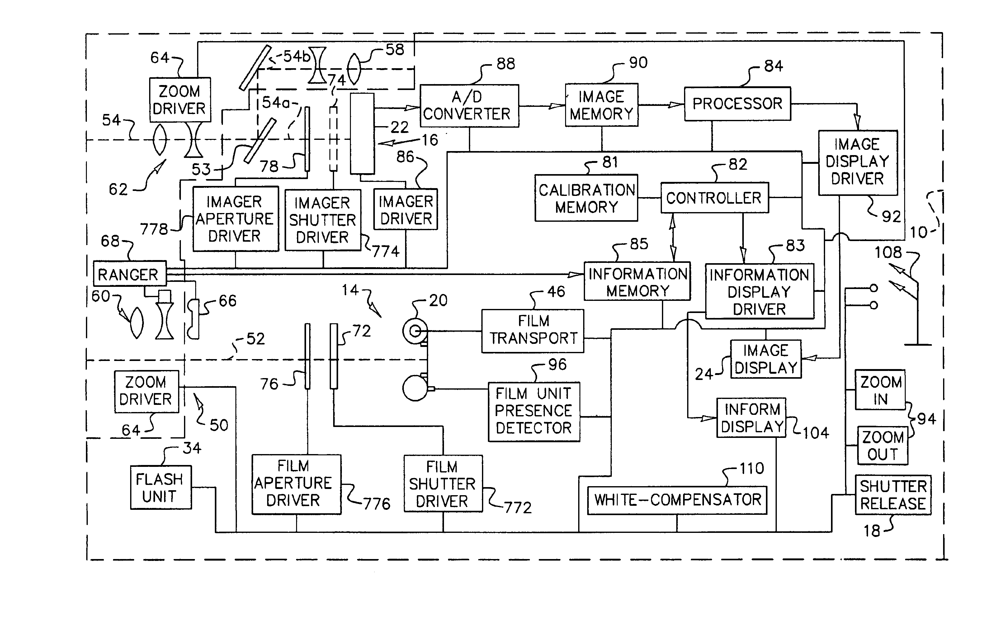 Camera having verification display and white-compensator and imaging method