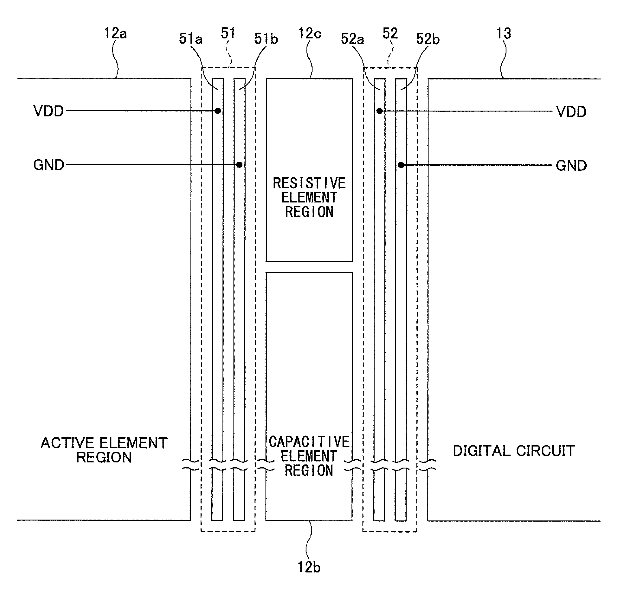 Semiconductor integrated circuit device having analog circuit separated from digital circuit using resistive and capacitive element regions