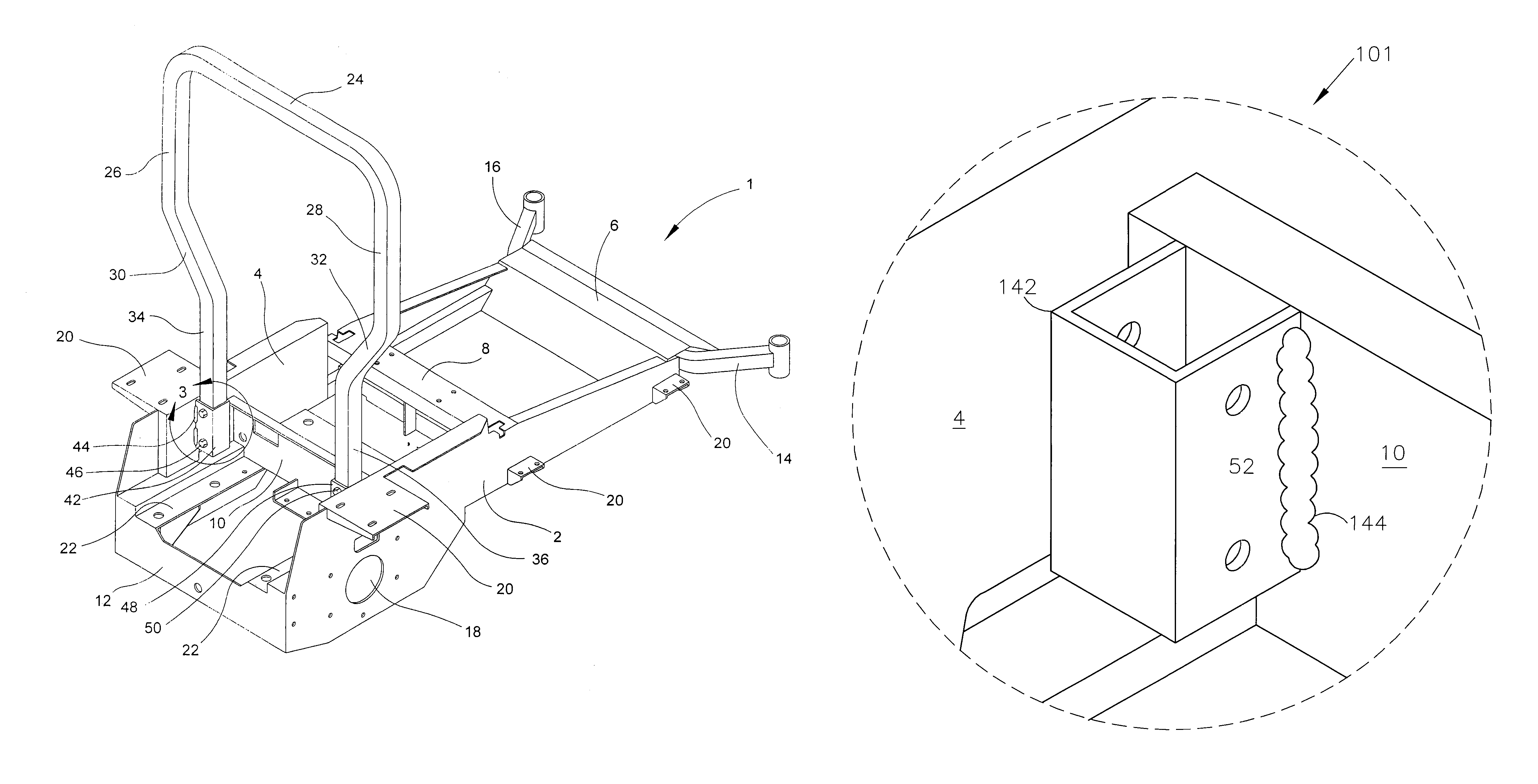 Ride-on turf mowing machine rollover protection assembly