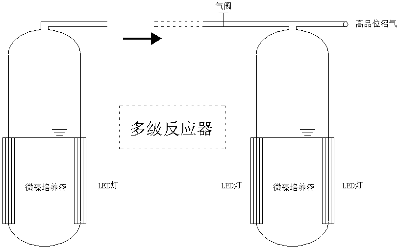 Serial system light source control method for improving grade of methane by microalgae