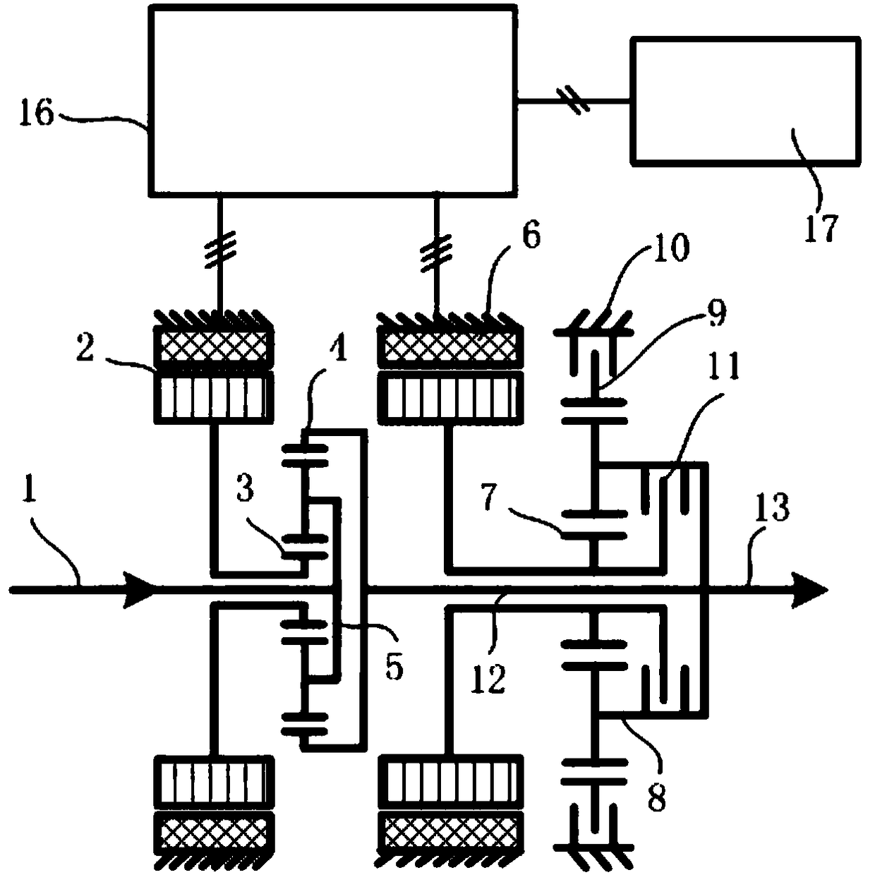 A single-mode two-gear power splitting hybrid transmission device of a commercial vehicle