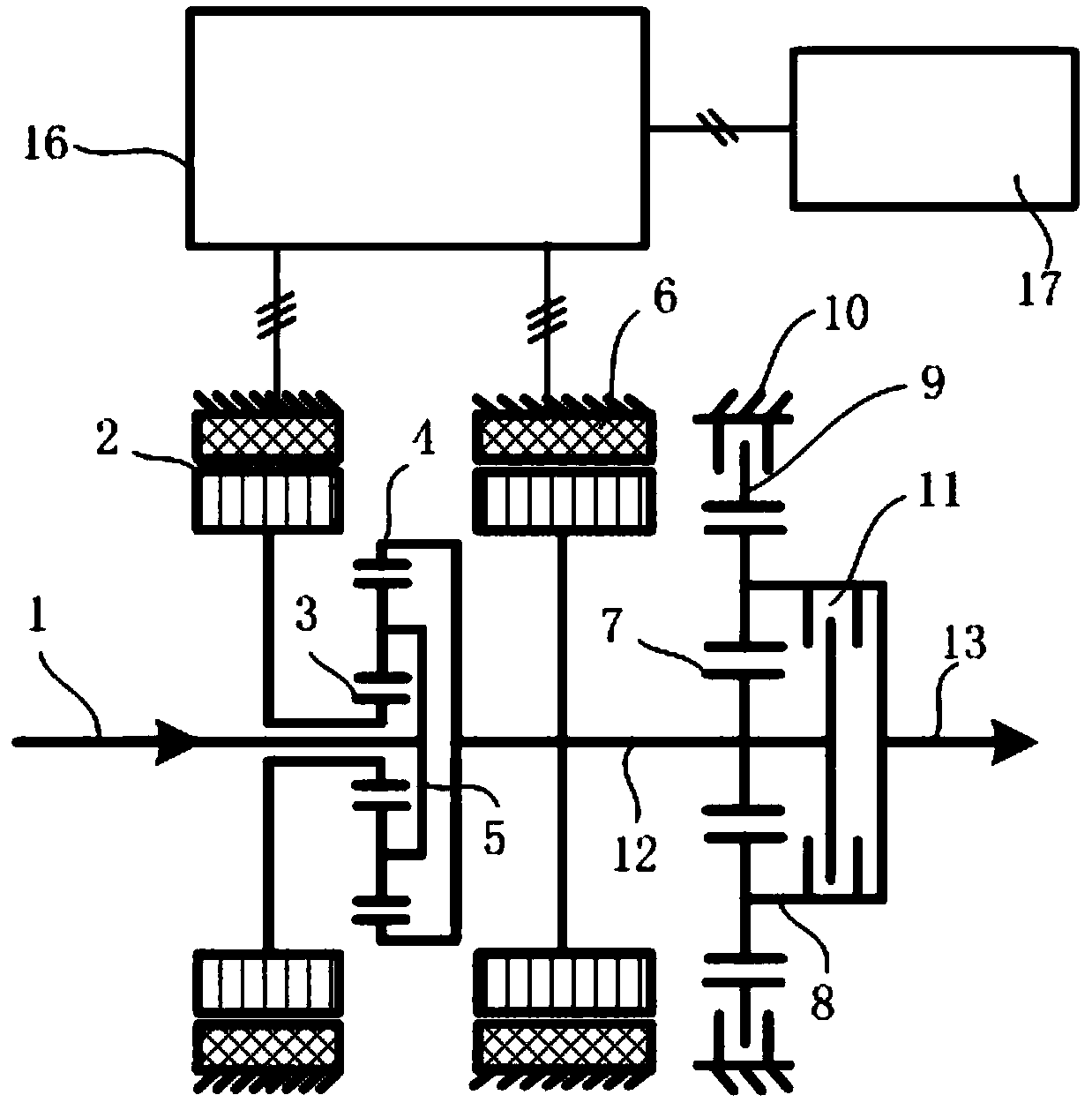 A single-mode two-gear power splitting hybrid transmission device of a commercial vehicle