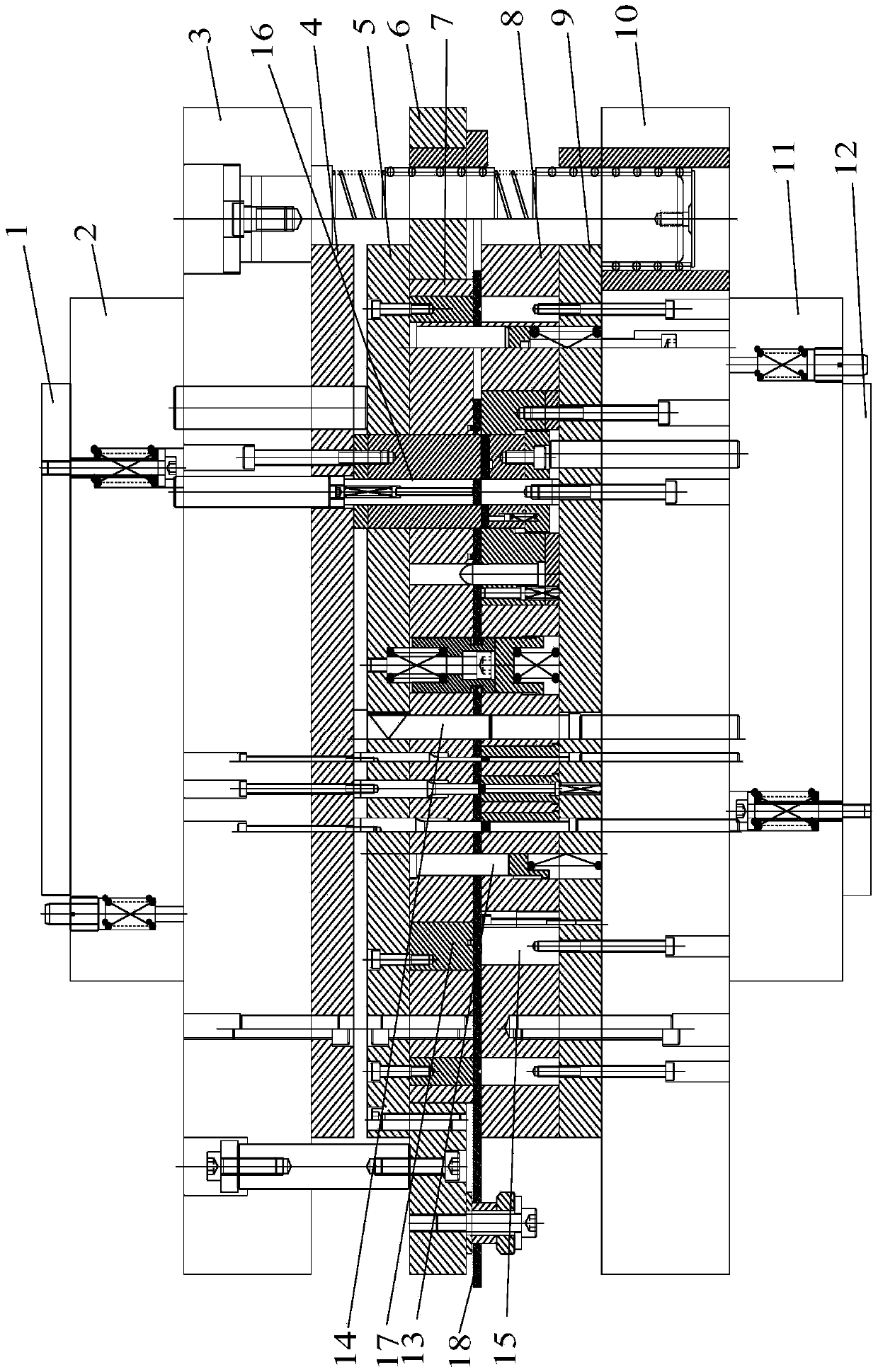 Steel back pressure hypotenuse fine blanking continuous die and steel back production method