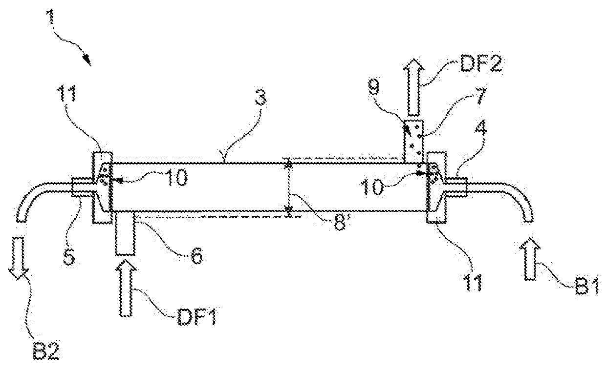 Blood treatment machine comprising a hollow fiber filter module for horizontal arrangement as well as hollow fiber filter module and use thereof