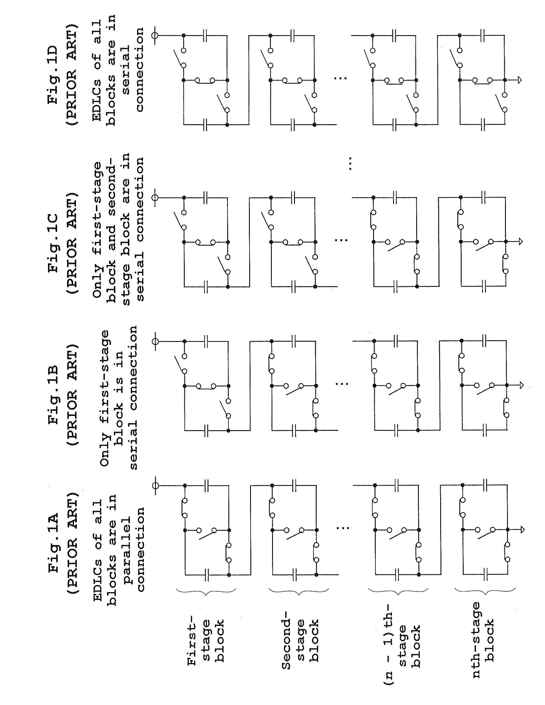 Electric power storage system using capacitors and control method thereof including serial-parallel switching means for each circuit block of batteries based on descending order of block voltages