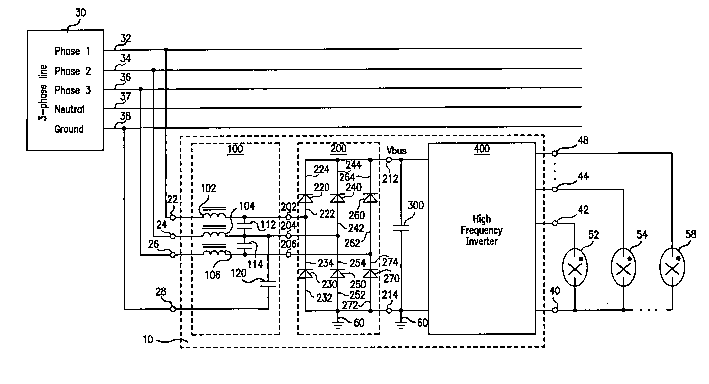 Three-phase electronic ballast