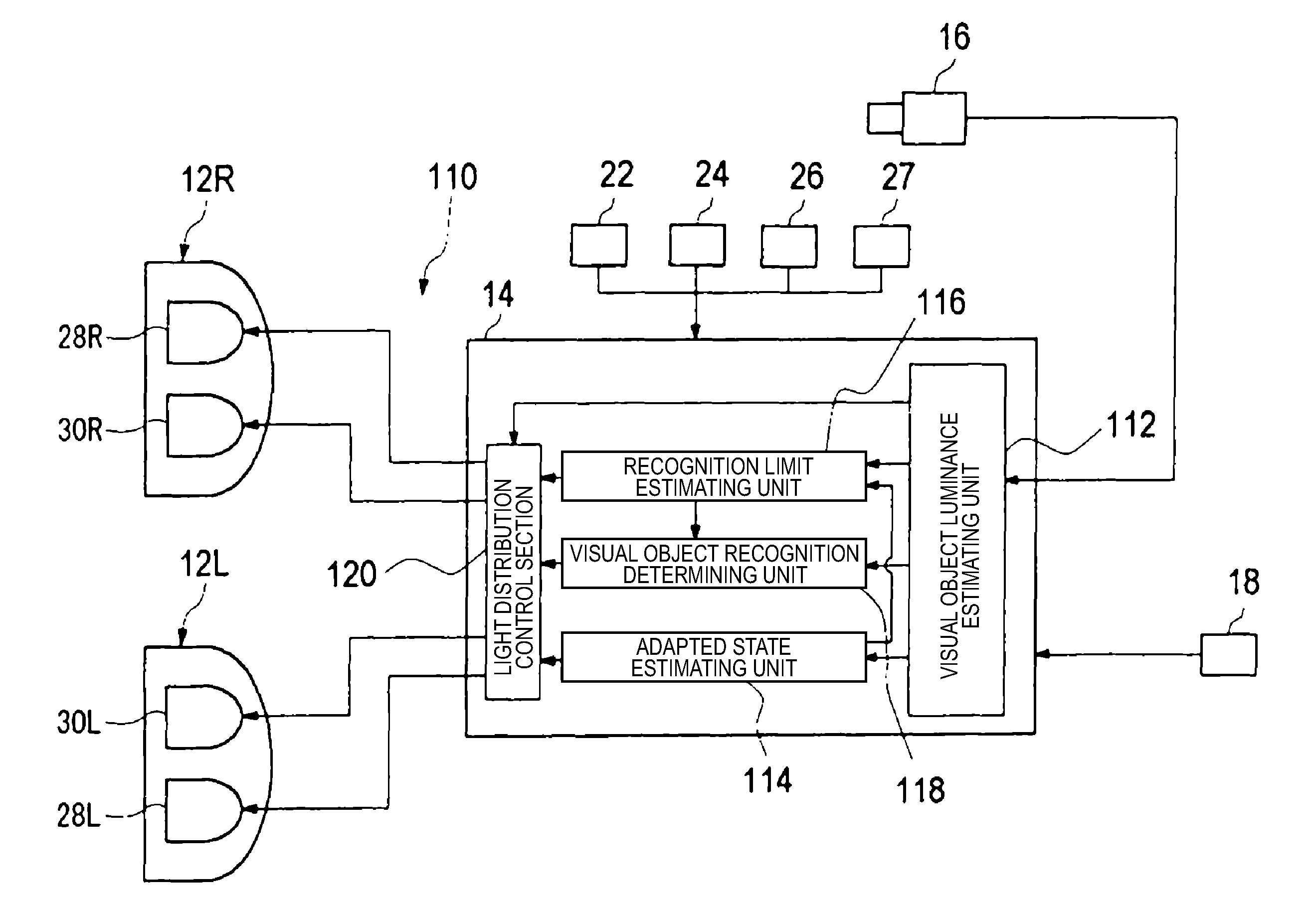 Headlamp control device and vehicle headlamp having headlamp control device