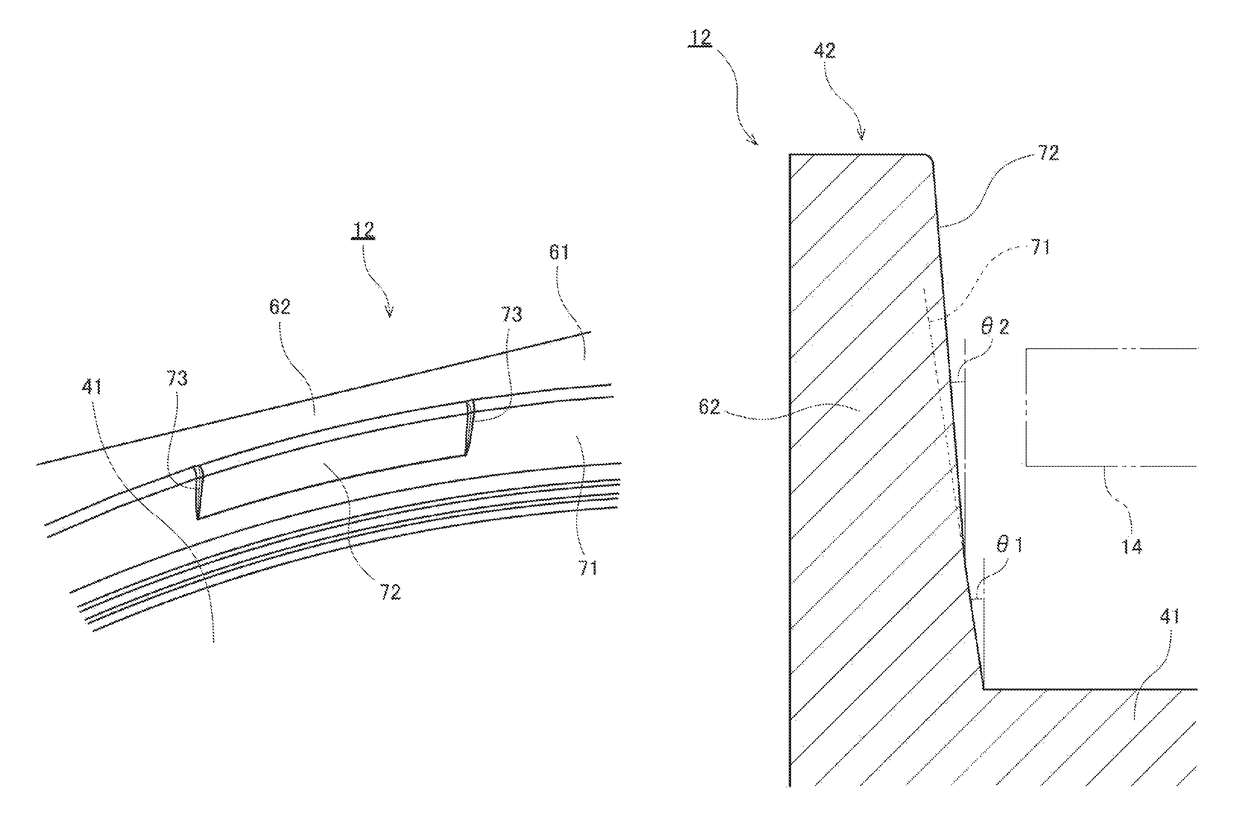 Disk drive base with decreased thickness portion angle being less than increased thickness portion angle