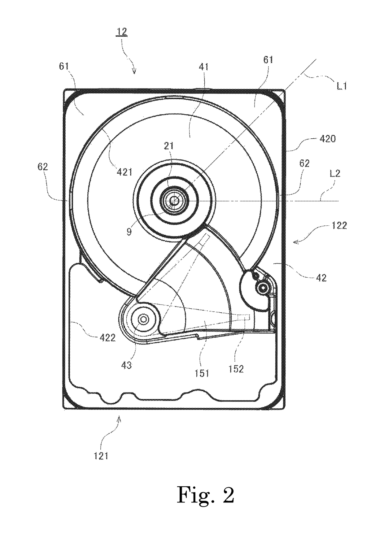 Disk drive base with decreased thickness portion angle being less than increased thickness portion angle