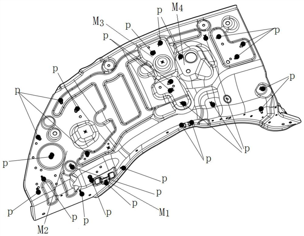 A positioning welding tool for the nail planting cover plate assembly of the right front wheel cover of the automobile