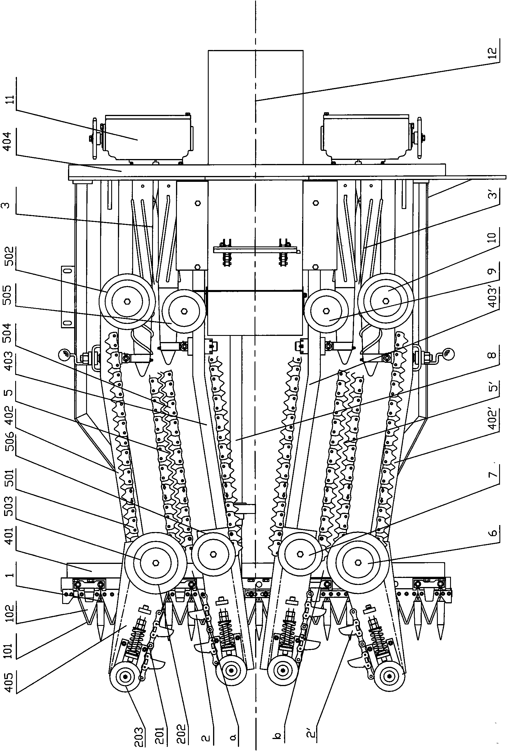 Harvesting unit body of small row spacing corn harvesting machine