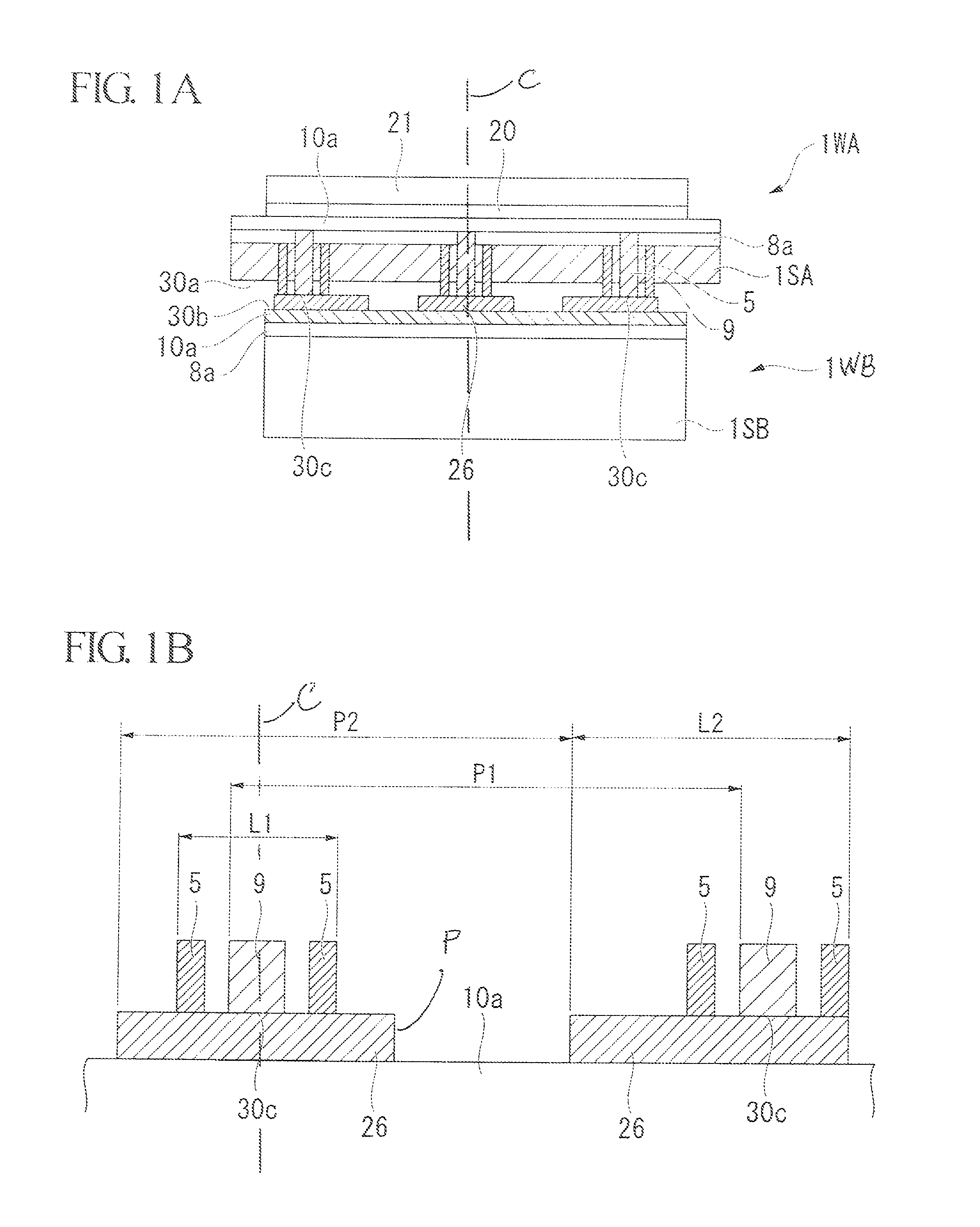 Semiconductor device having an increased area of one of the opposing electrode parts for preventing generation of unconnected positions the electrodes on the bonded wafers