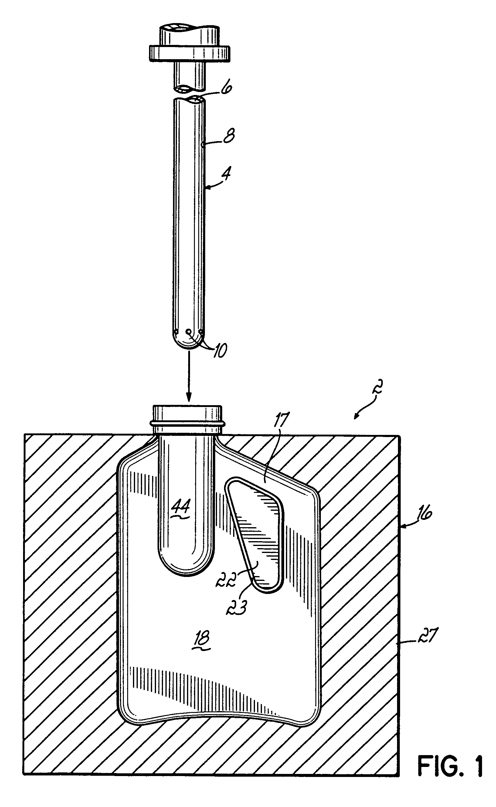 Method of making a stretch/blow molded article (bottle) with an integral projection such as a handle