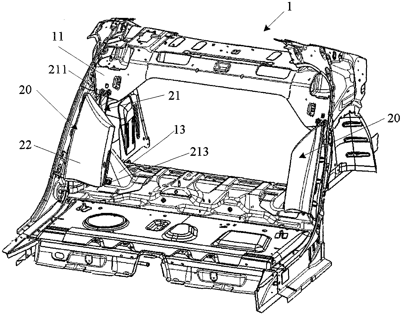 Back row seat flank assembly mounted on moulded vehicle body