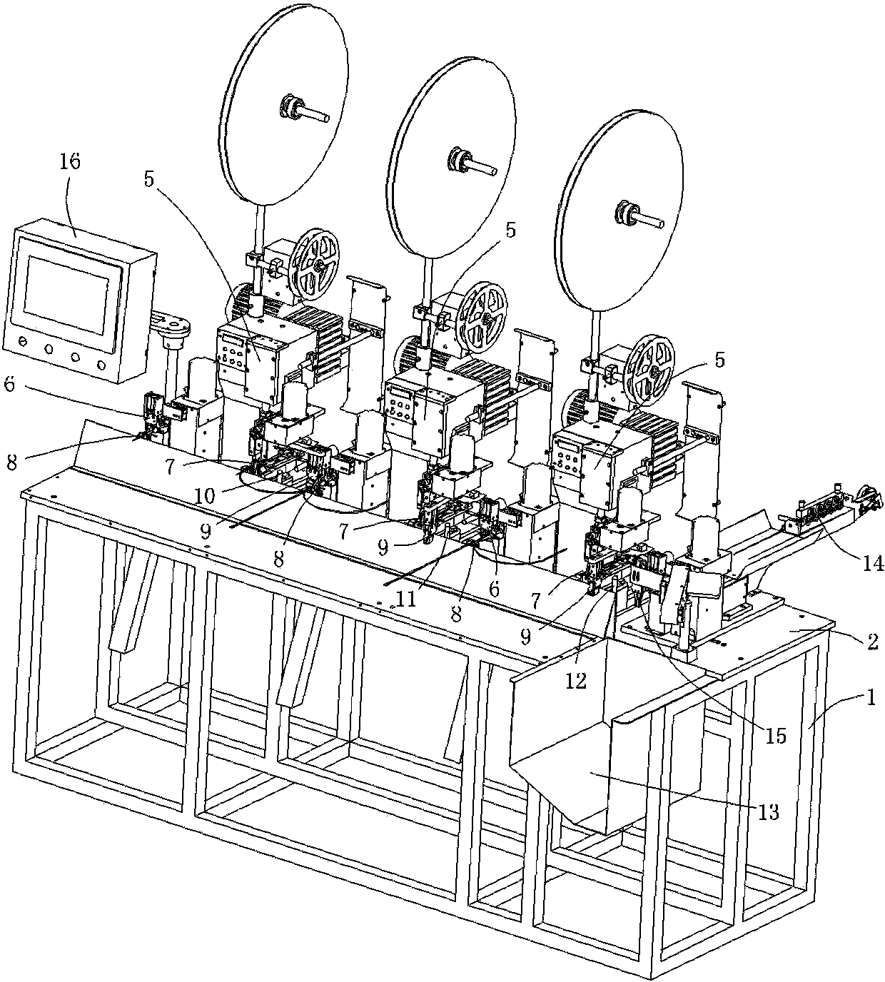 Four-wire three-head full-automatic terminal pressing machine