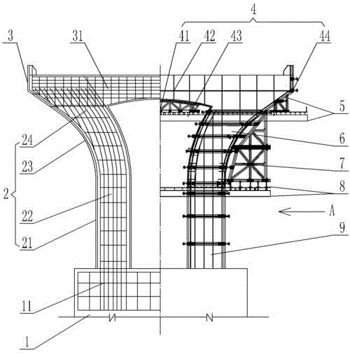 Formwork and bracket combining structure of vase pier of viaduct and application method