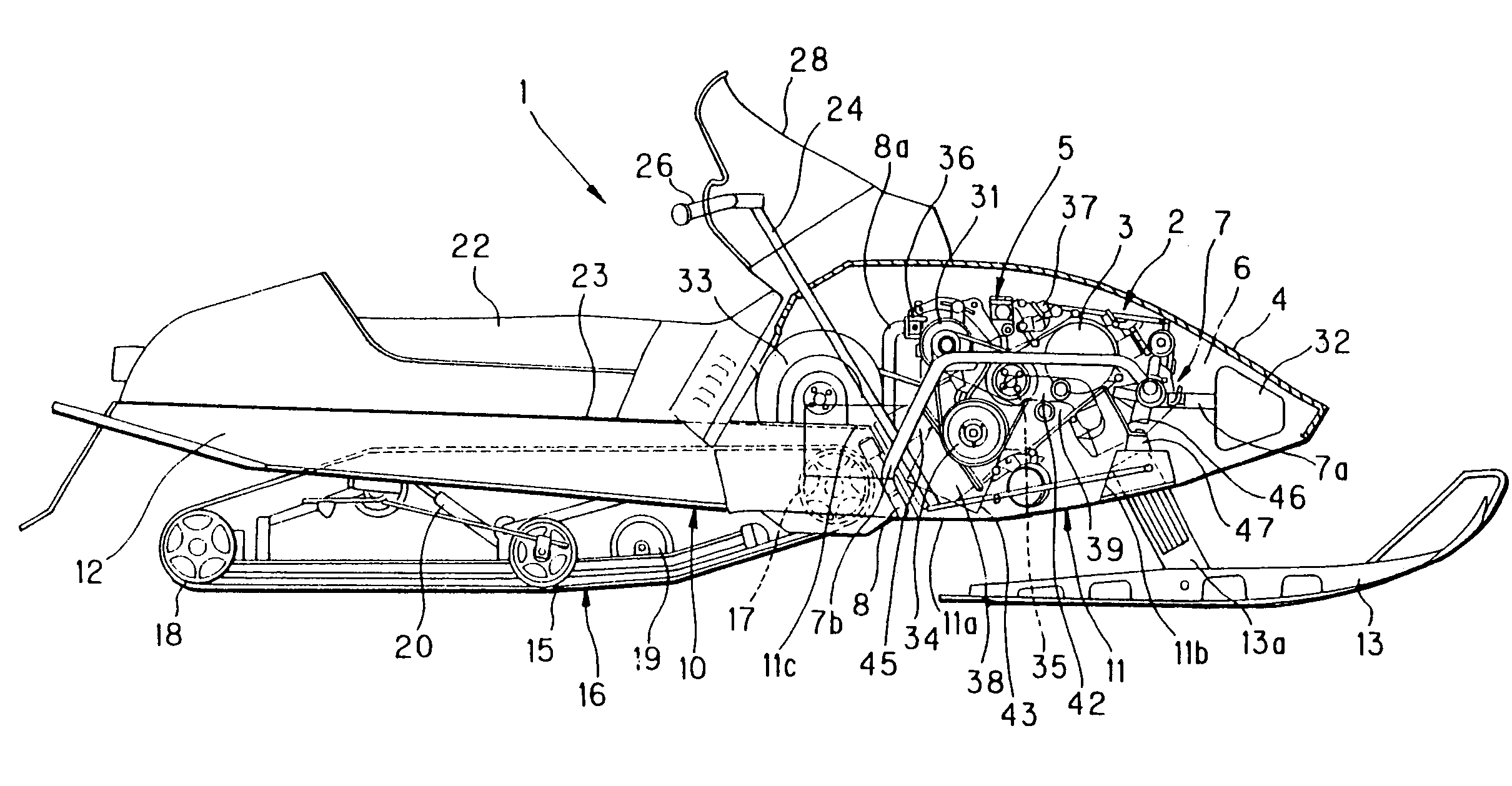 Snowmobile four-cycle engine arrangement