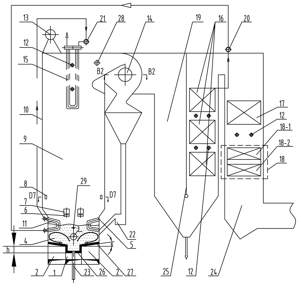 Low-ratio biomass circulating fluidized bed with cooling chamber and pollutant control method thereof