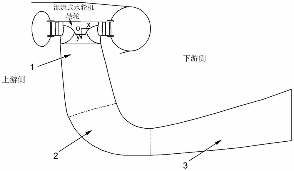 Mixed-flow water turbine draft tube with inclined bent cone