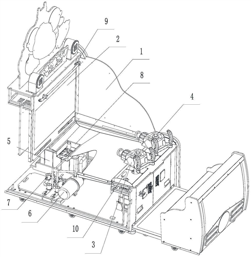 Water jetting game machine with atmosphere device