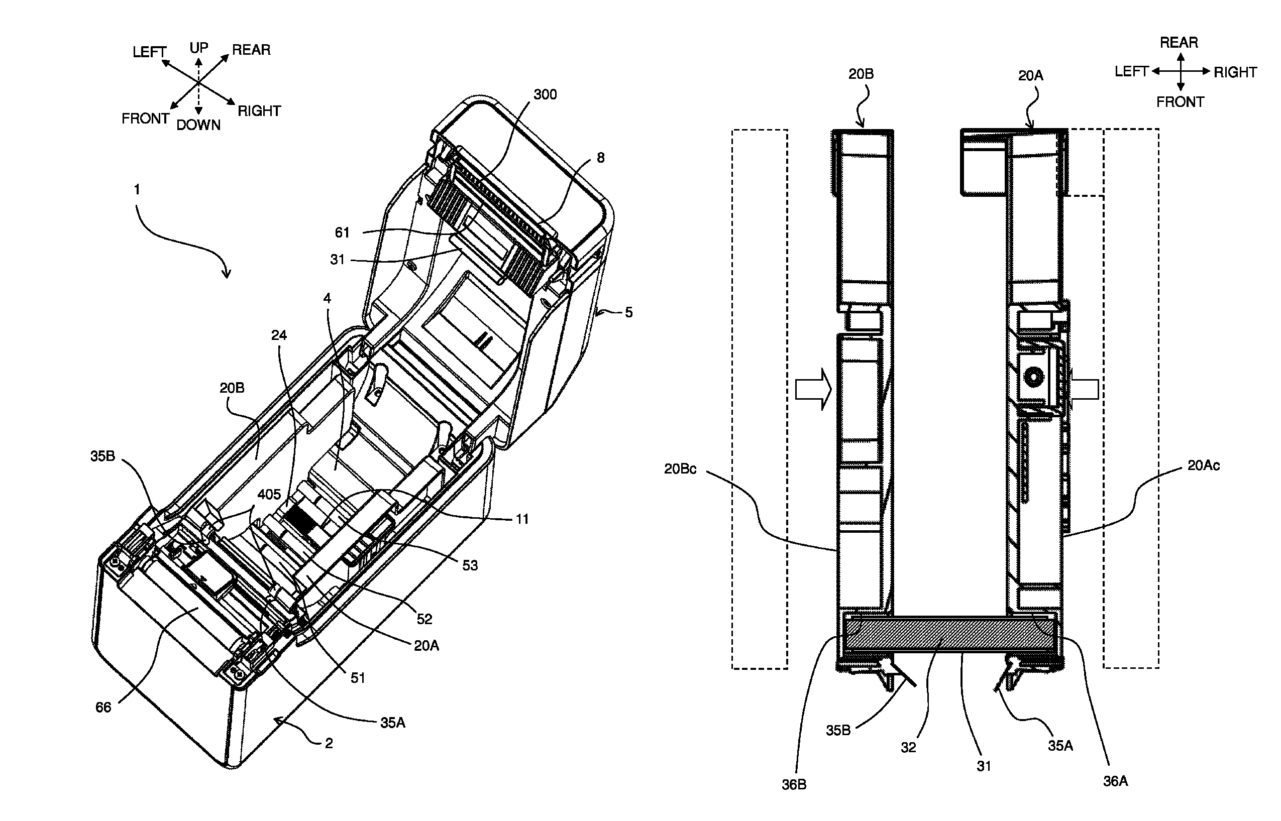 Printer with pair of tape roll guide members having a recessed part for housing a pressing roller