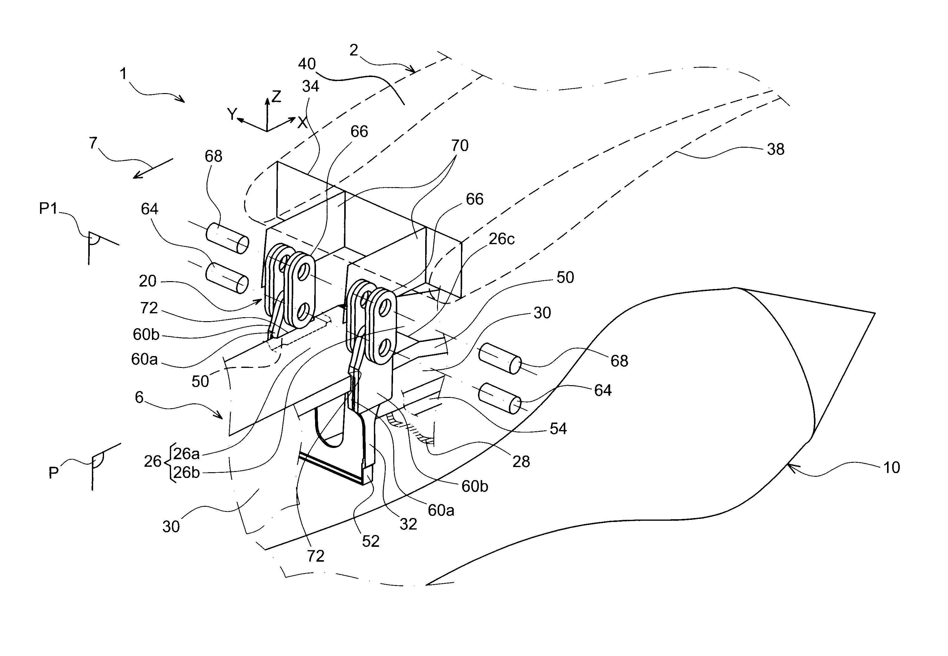 Pylon caisson attachment on a wing, gripping a lateral panel of the caisson