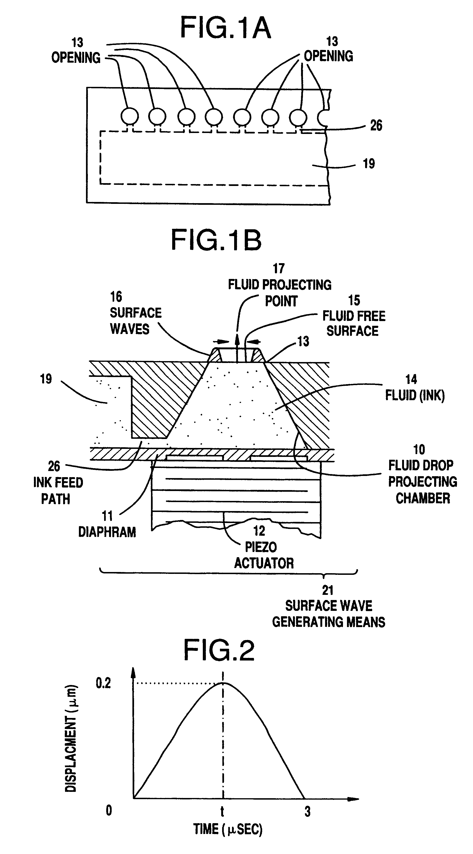 Fluid drop projecting head using taper-shaped chamber for generating a converging surface wave