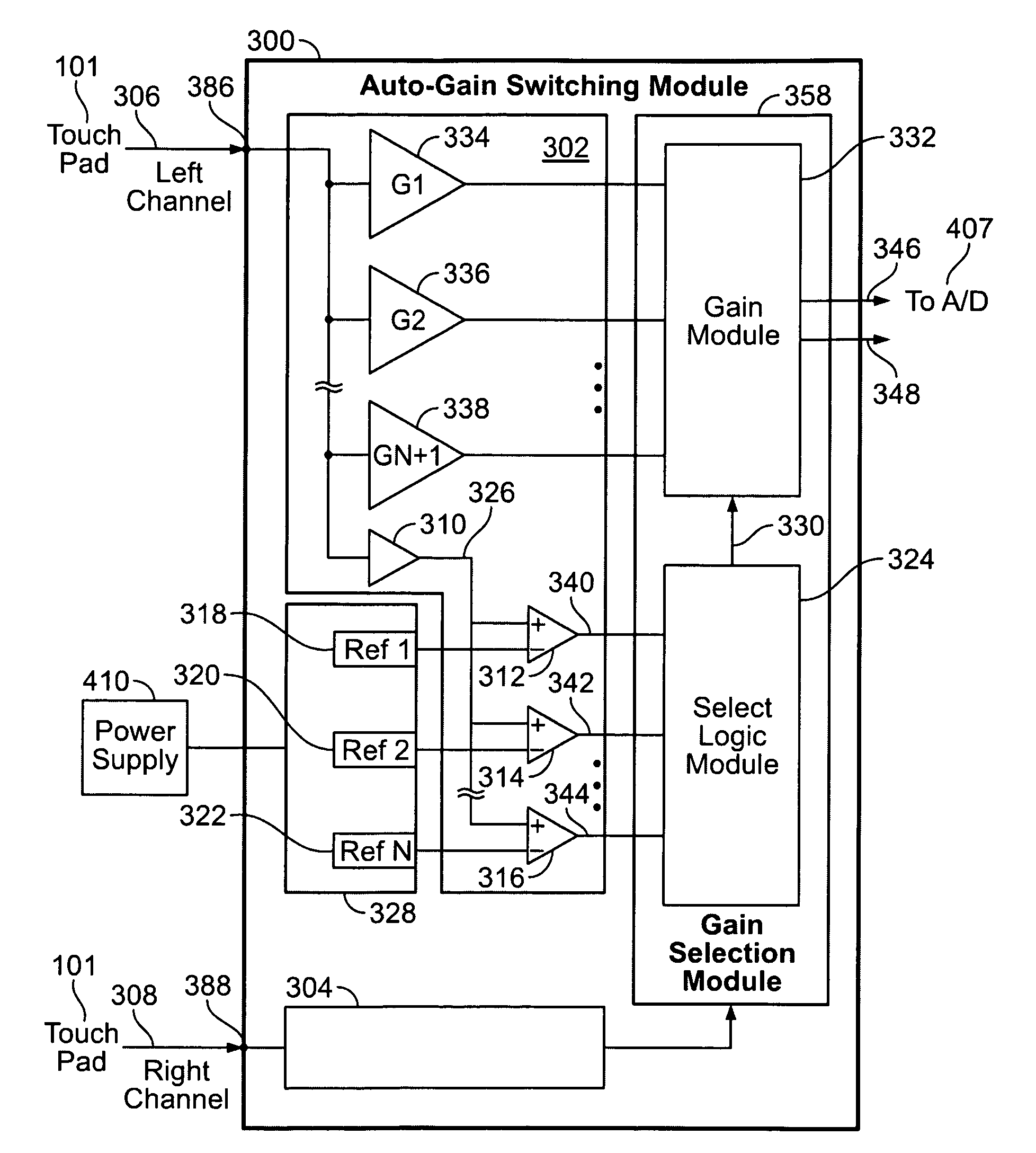 Auto-gain switching module for acoustic touch systems