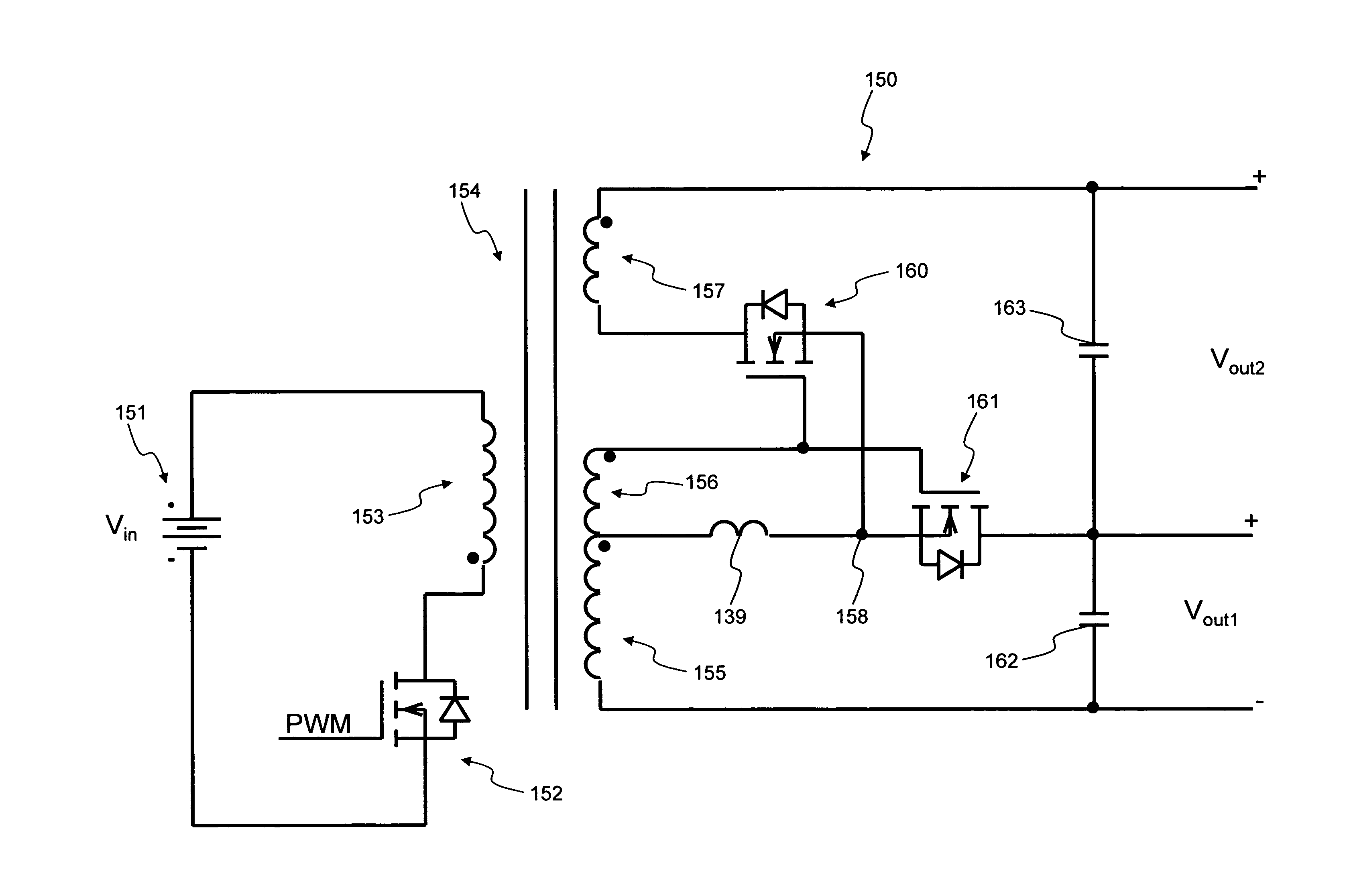 Flyback converter providing simplified control of rectifier MOSFETS when utilizing both stacked secondary windings and synchronous rectification