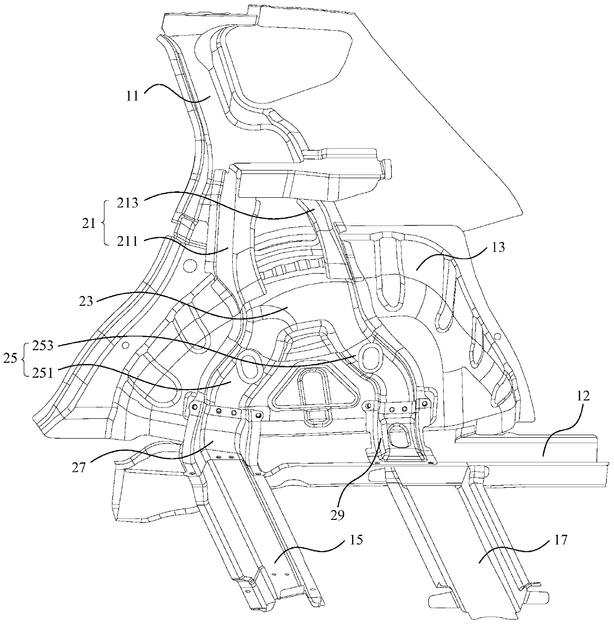 Automobile and reinforcing device for inner plate of rear wheel casing of automobile