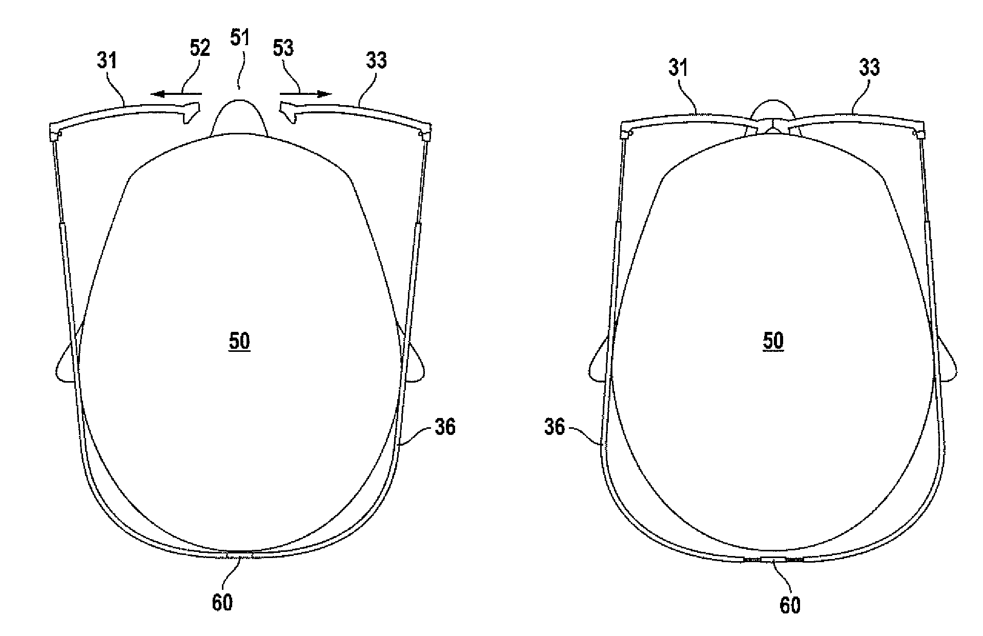 Expandable eyewear with snap-together bridge