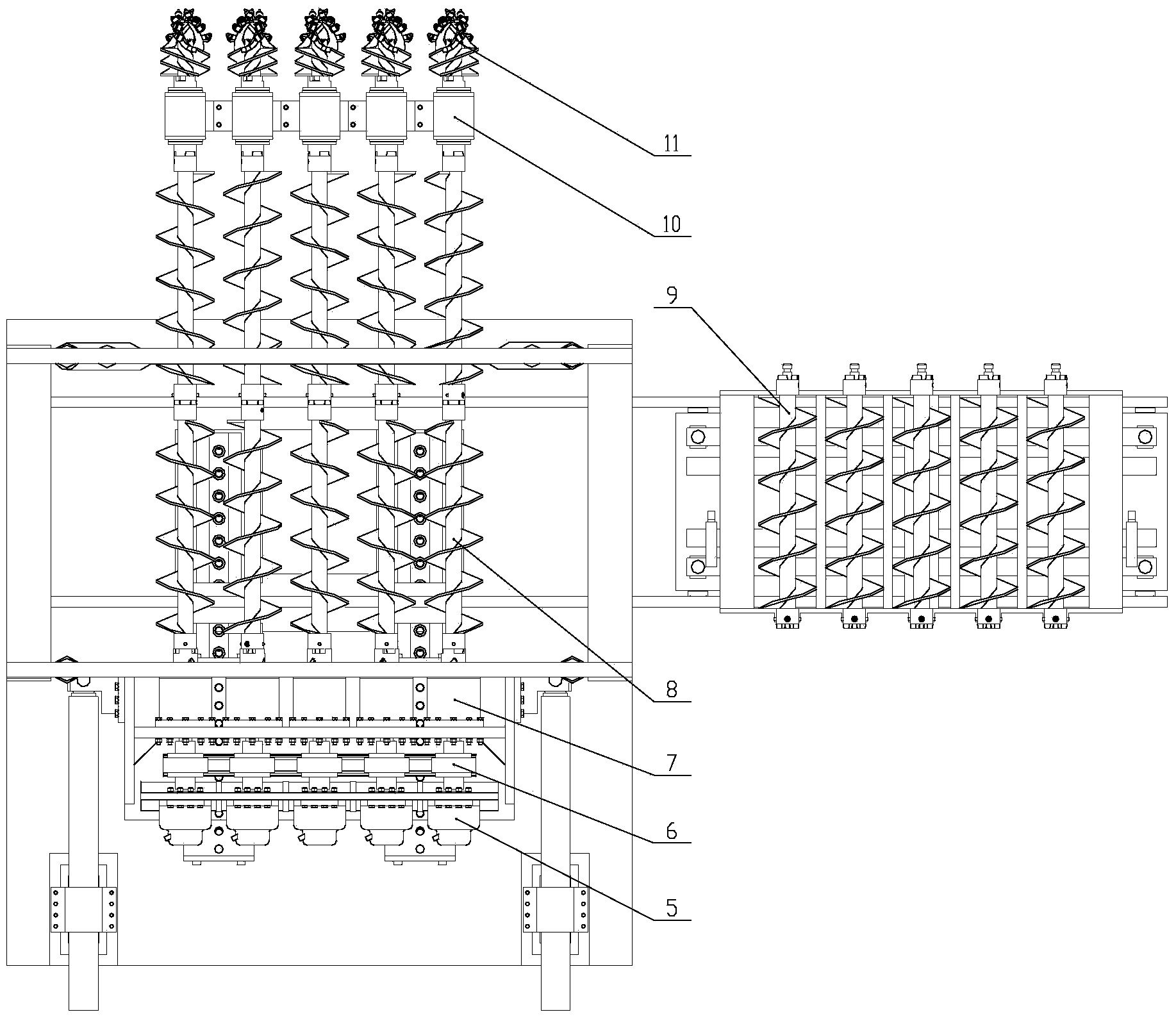 Five-bit spiral-drill coal mining device convenient for switching drilling rods