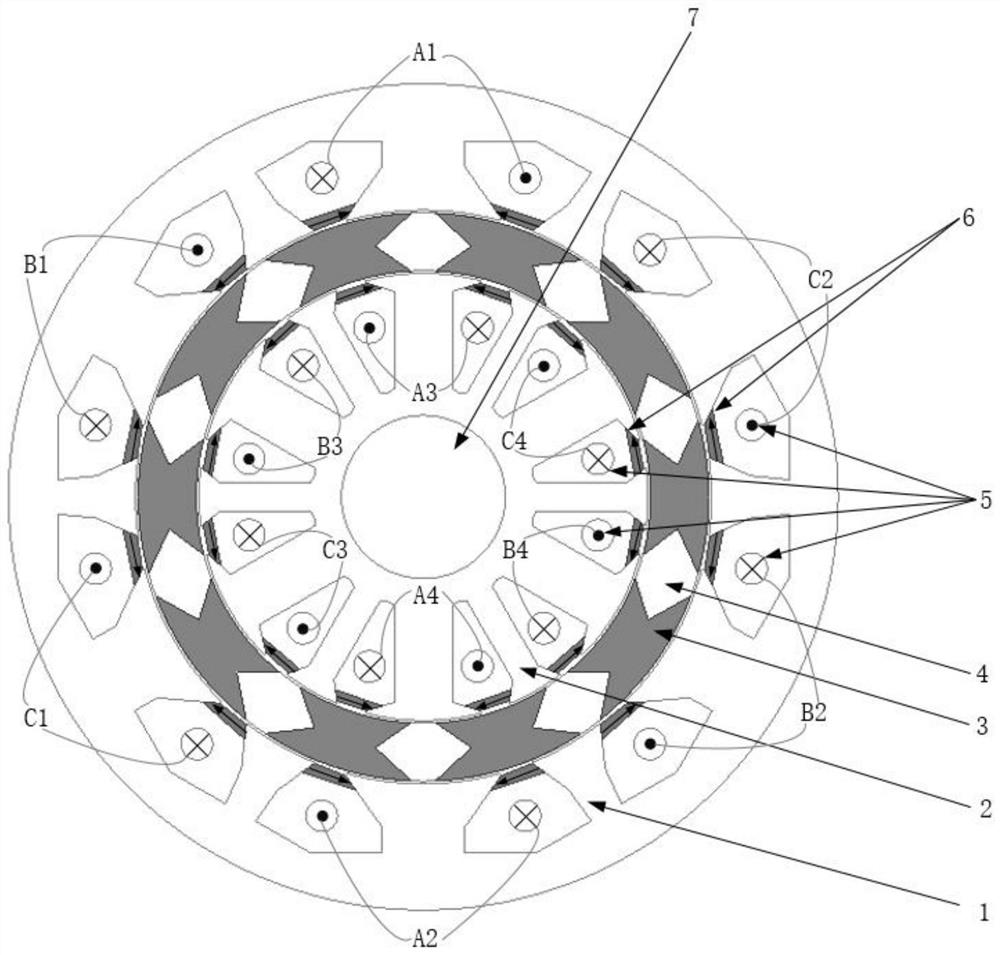 Permanent magnet reluctance motor with double-stator non-uniform tooth structure