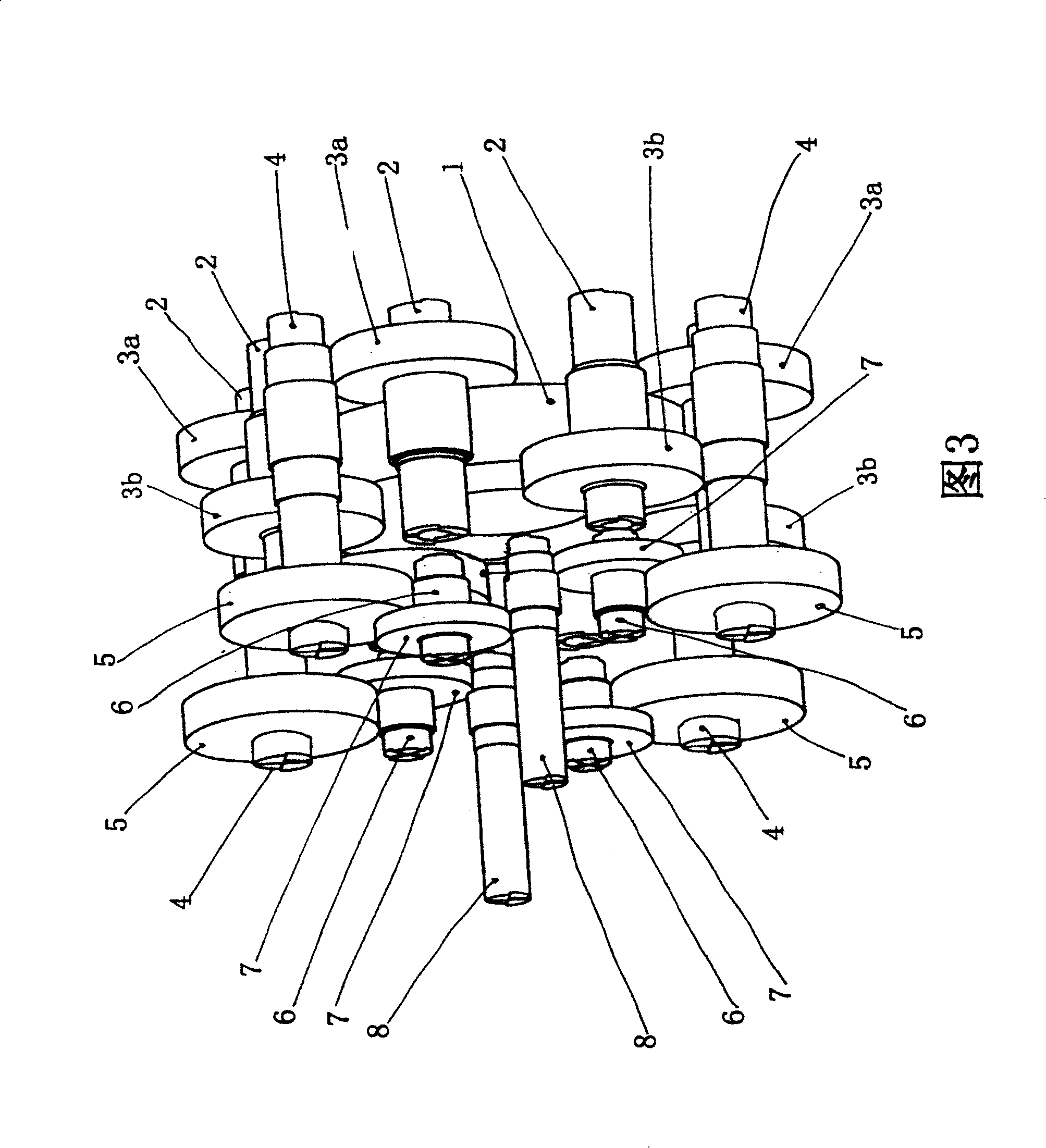 Geared driving gear of power branch having rotation input changing into prodeterming rotation output