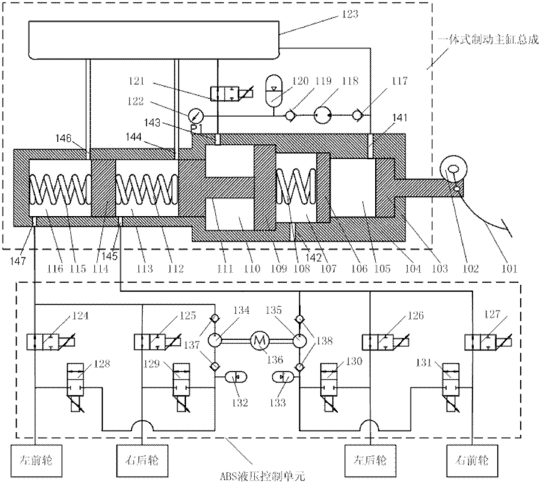 Electric-hydro complex brake system employing integral brake master cylinder assembly