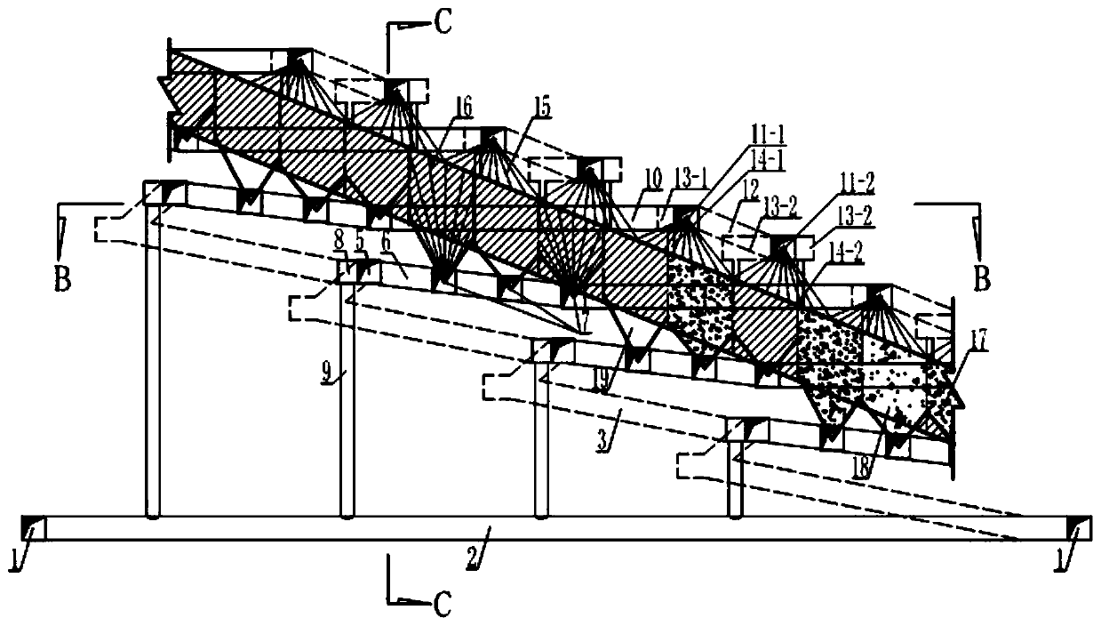 Gently inclined medium-thick ore body pre-controlled roof efficiently mining method