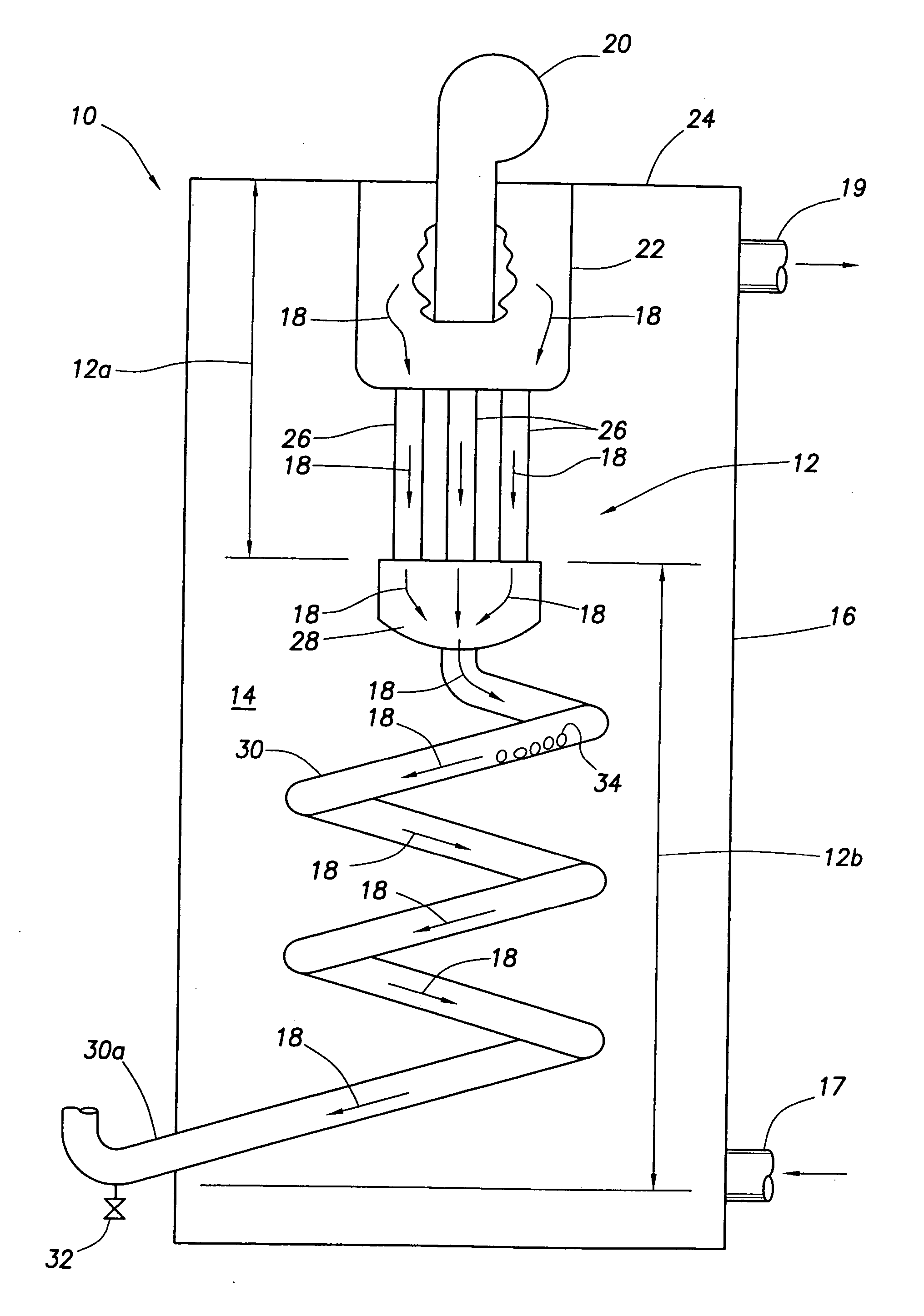 Single pass fuel-fired fluid heating/storage device