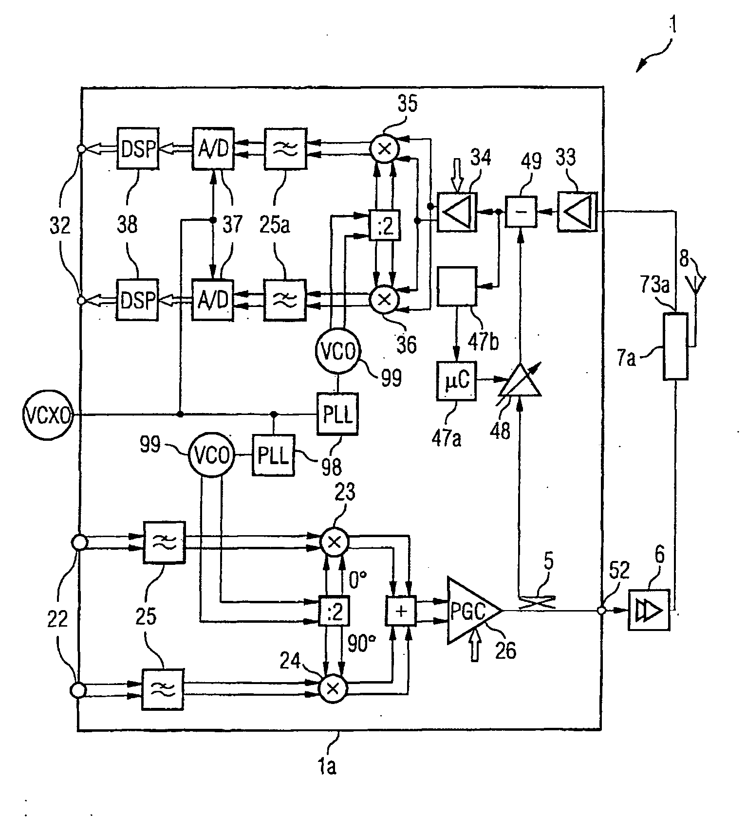 Transceiver with interference signal rejection, and method for interference signal rejection