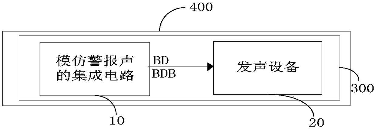 Integrated circuit of imitative alarm sound, and alarm device